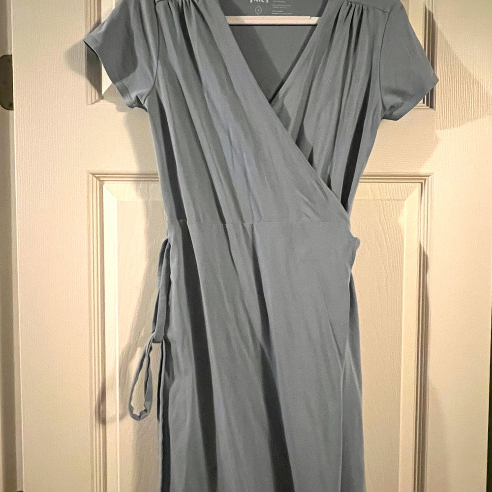 Pact Slate Blue Organic Cotton Wrap Dress – Size S | Fair Trade